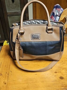 Tiganello Leather Tan and Black Structured Satchel Crossbody Handbag